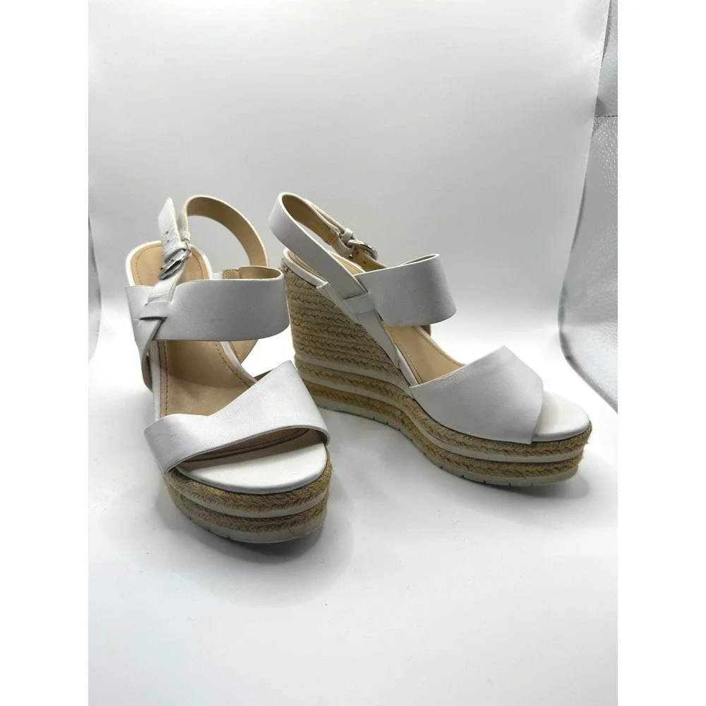 Nine West Alivia White Leather Espadrille Wedge Sandals Platform Womens 5M 208